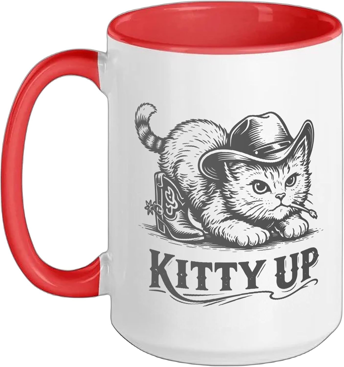Funny Cat Cowboy Kitty Up Hat Boots Country Music Meme Humor Ceramic Mug, Red/White, 15oz