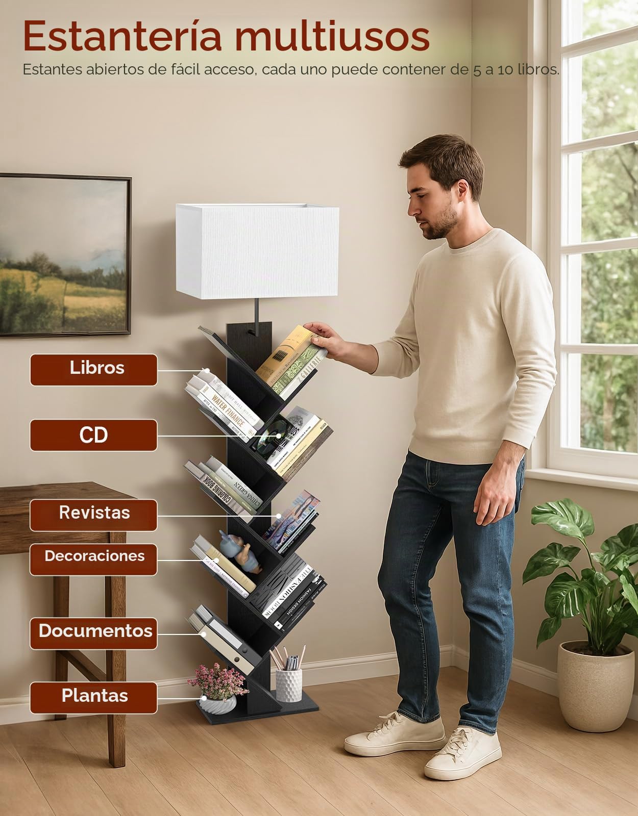 Estantería En Árbol con Luz, Estante De Esquina De 9 Niveles, con Mando A Distancia Y Temporizador, Mueble Estrecho De Madera para Libros, CDs, DVDs, Salón, Dormitorio, Oficina(Negro)