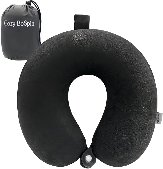Cozy BoSpin Travel Pillow- Portable Neck Support Pillow on Flights, Car, and at Home, Comfortable Airplane Travel Pillow,Lightweight Quick Pack for Camping (Black)