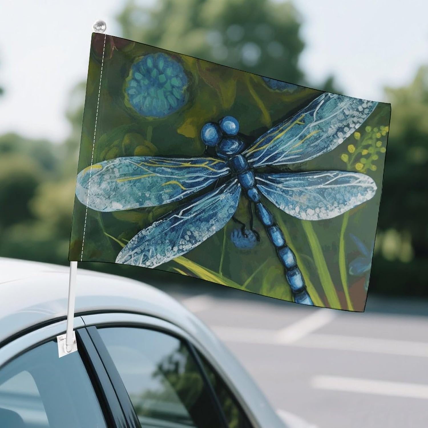 Car Flag Window Clip Handheld Flags Large Garage Decor Banner Hand Painted Blue Dragonfly Printed Vehicle Car Antenna Flag for Truck,Race Car Party Racing image 4
