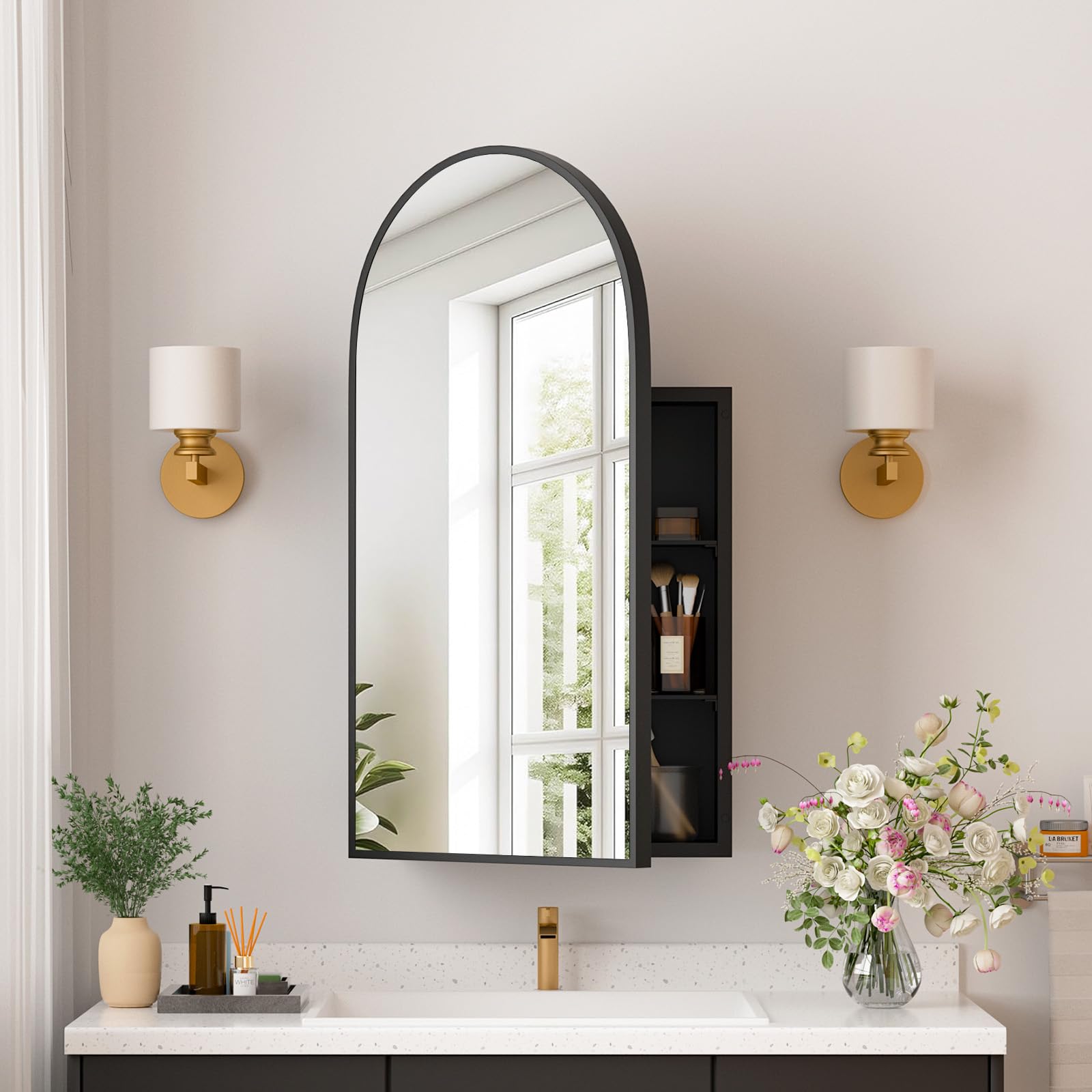 YTSMIR Medicine Cabinets for Bathroom, Black Arched Medicine Cabinet Recessed or Surface Wall-Mounted,Modern Bathroom Vanity Mirror with Storage,