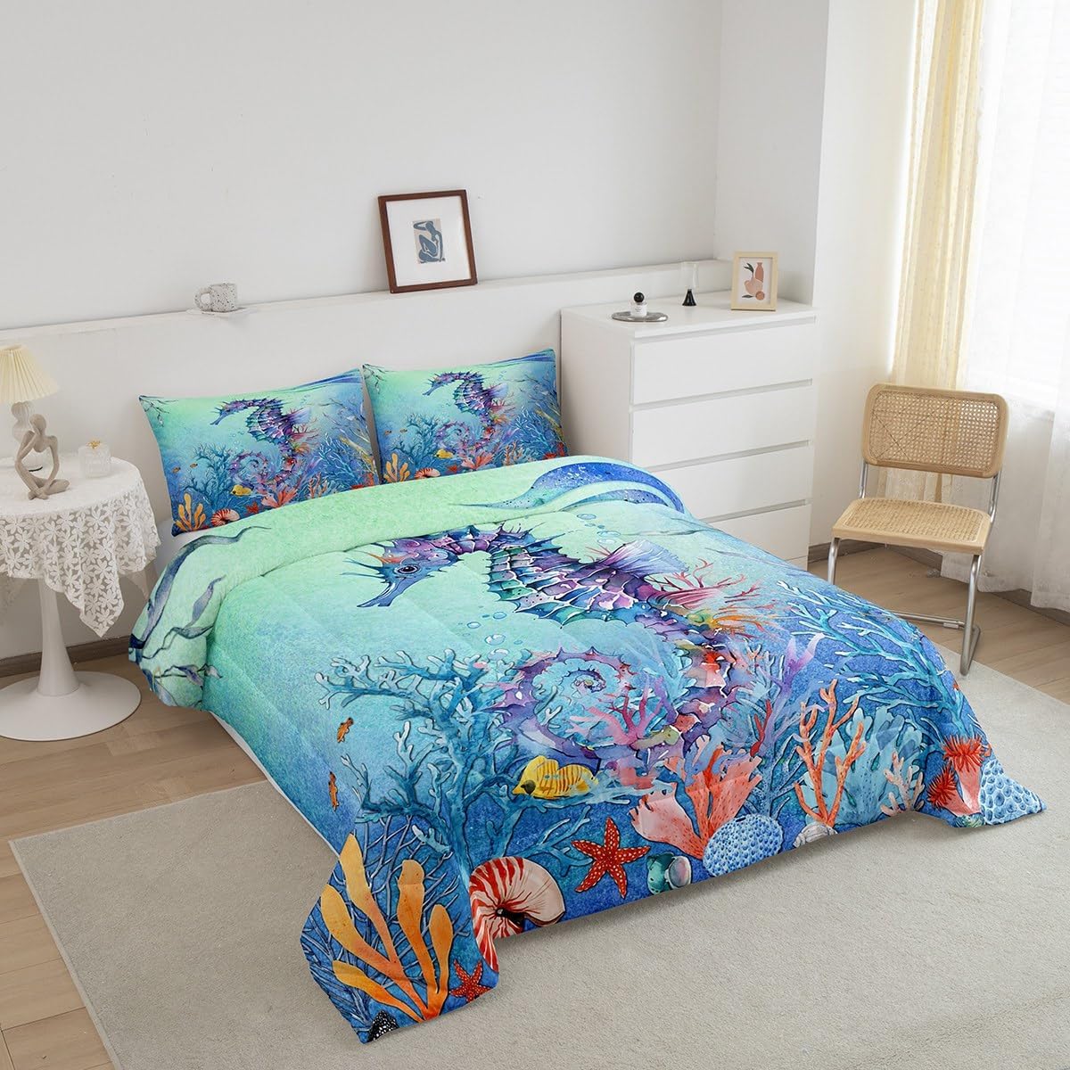 Erosebridal Seahorse Bedding Sets, 3D Seahorse Printed Comforter Set, Teal Ocean Animals Duvet Insert, Colorful Underwater World Quilt Set, Coastal Creature Sea Life Bedding Comforter Sets, Full