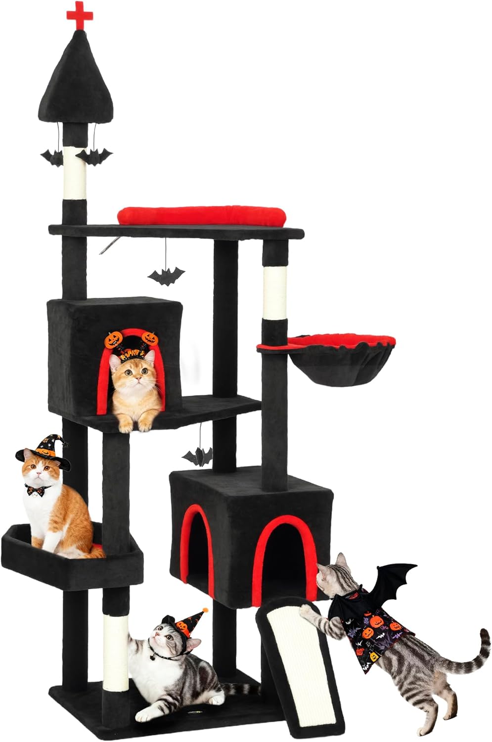 PawHut Gothic Cat Tree, 78" Extra Tall Cat Tower for Indoor Kittens with 2 Spacious Condos, Sisal Scratching Posts, 4 Bat Hanging Balls, Comfy Hammock, Ramp, Bed, Black and Red Halloween
