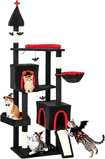 PawHut Gothic Cat Tree 78" Extra Tall Cat Tower, Indoor Kittens, Black&Red | 2 Spacious Condos, Sisal Scratching Posts, 4 Bat Hanging Balls, Comfy Hammock, Ramp, Bed
