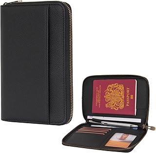 Leder Reisepass Brieftasche mit Reißverschluss RFID Blocker Schutzhülle, Passport Etui mit Fächern für Karten, Bargeld, Ausweis, Bordkarte und Tickets für Reisen (Schwarz)