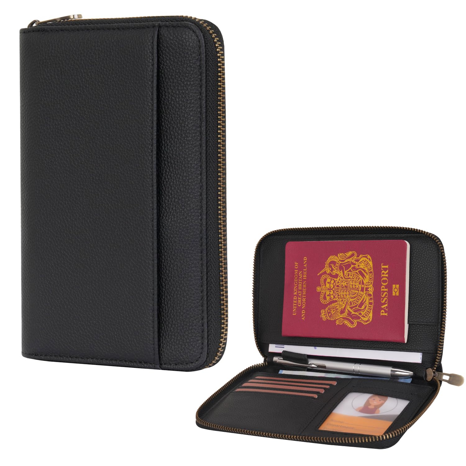 Leather Zipper Travel Passport Wallet Holder RFID Blocking Cover, Passport case Pocket Slot for Card, Cash, ID, Boarding Pass and Ticket for Men, Women and Family Trips, Black, Zipper Pocket-image-12