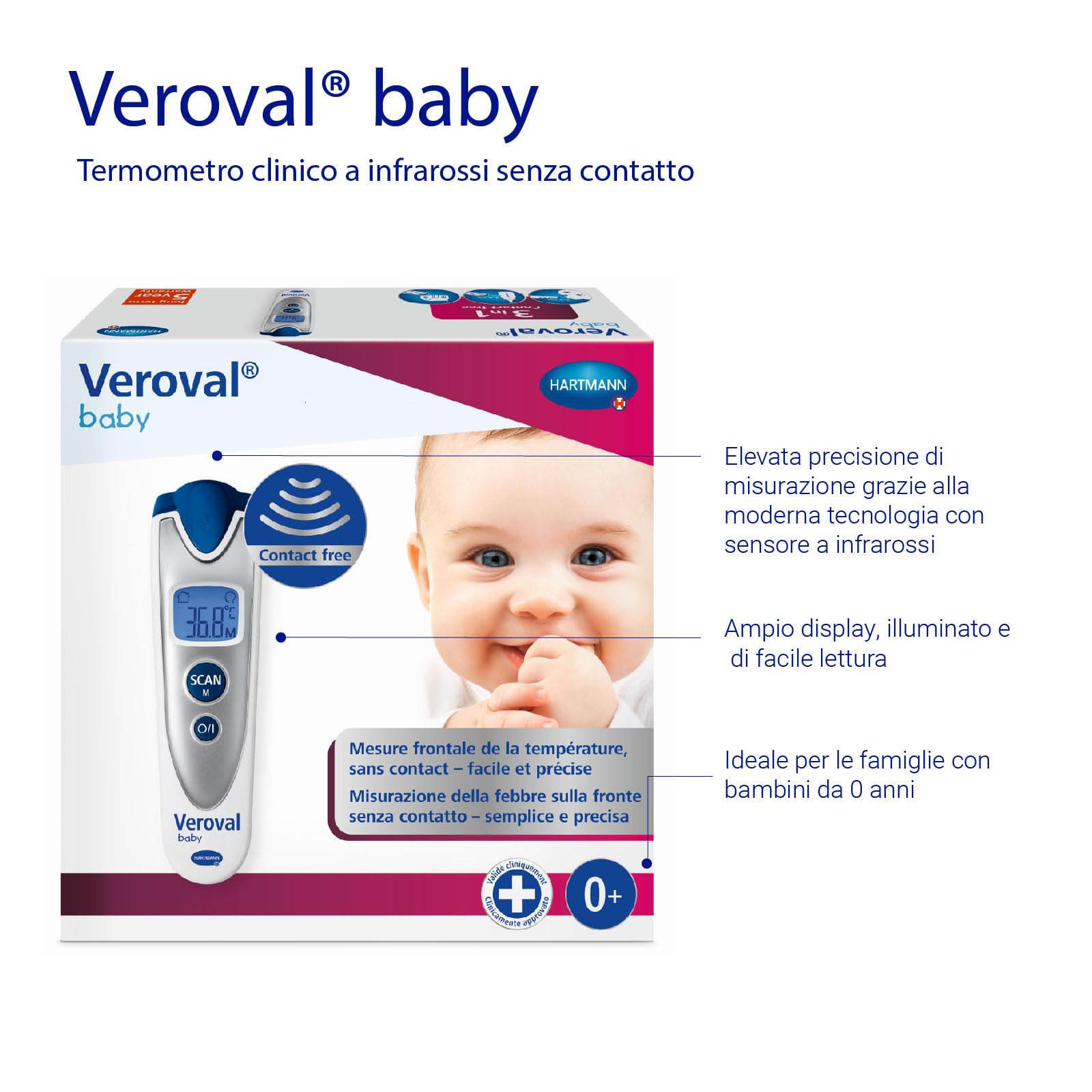 VEROVAL Baby Termometro a infrarossi ARGENTO, misurazione senza contatto e silenziosa, temperatura corporea, temperatura dell'oggetto, temperatura ambiente, misurazione rapida, maneggevolezza