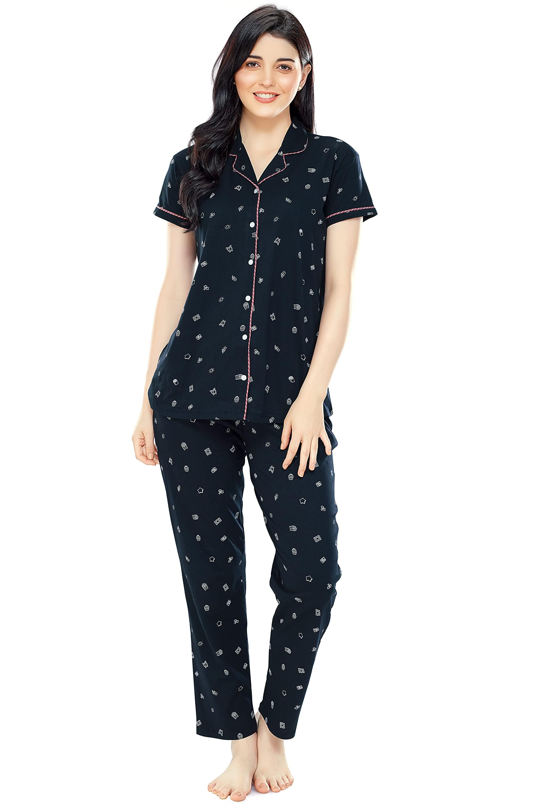 Women's Cotton Printed Relaxed Night Suit Set Of Shirt & Pyjama 5262-image-24