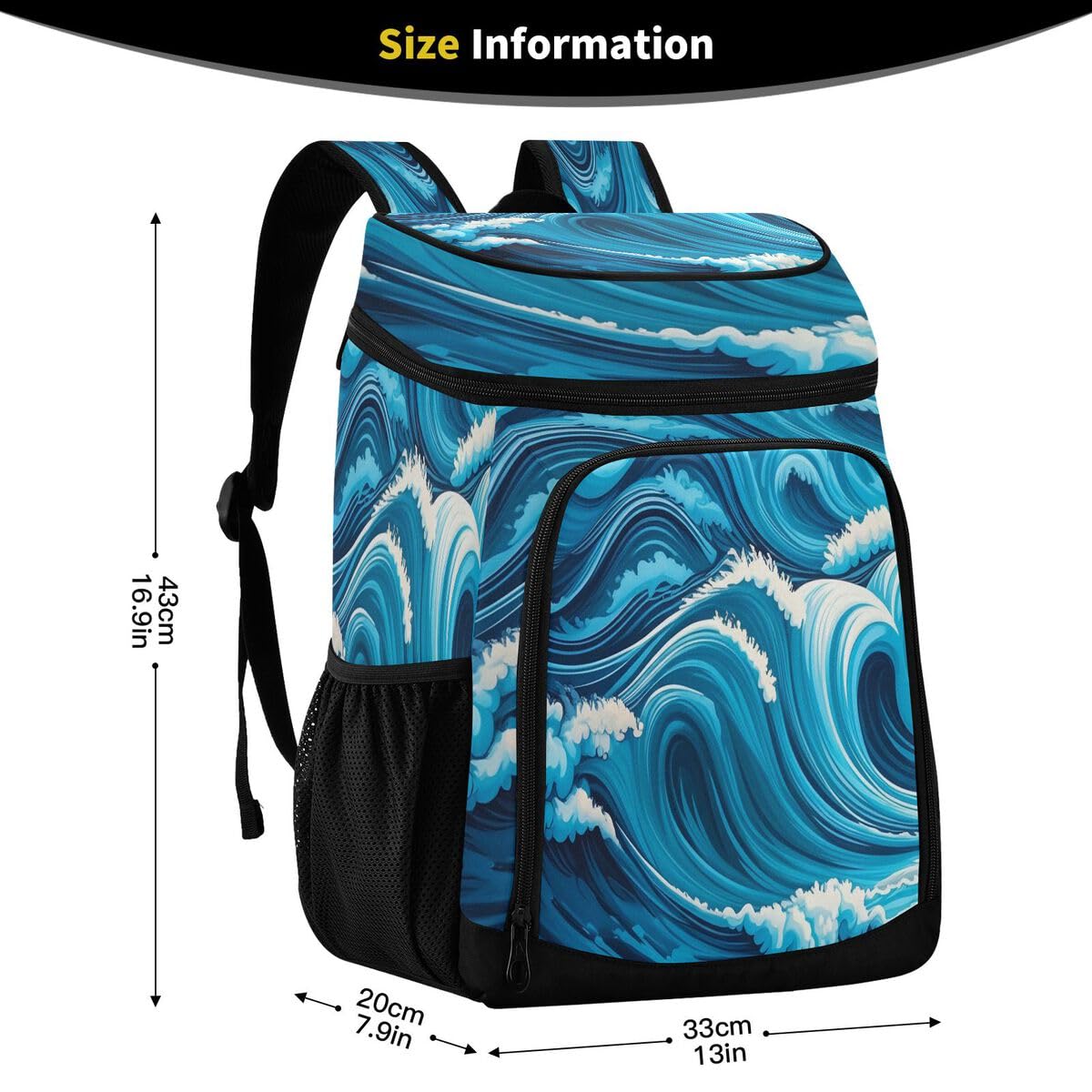 Ocean Wave Blue Cooler Backpack Leakproof Insulated Lunch Cooler Bag 30 Cans Camping Backpacks for Beach Hiking Camping