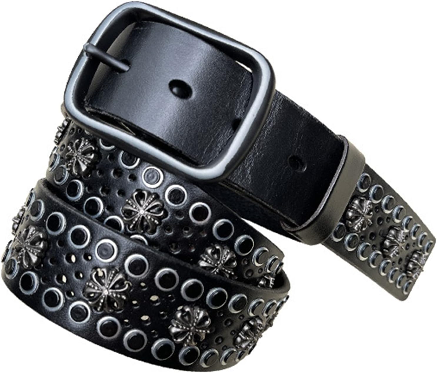 Unisex Punk Rock Studded Cow Leather Belt (125cm/42-44", Black) - Hollow Flower Engraved Rivet Waistband