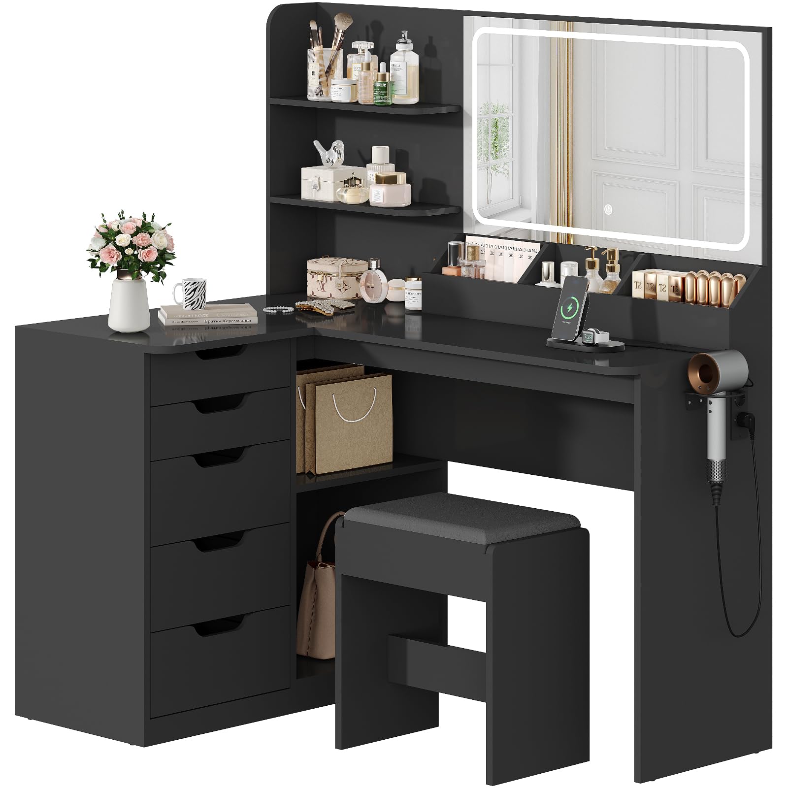 Dressing Table with Stool,Vanity Desk with 5 Drawers,Power Outlet,Corner Makeup Table with 3 Colors LED Mirror,Open Shelves,Bedroom Furniture for Women Girls (Black)