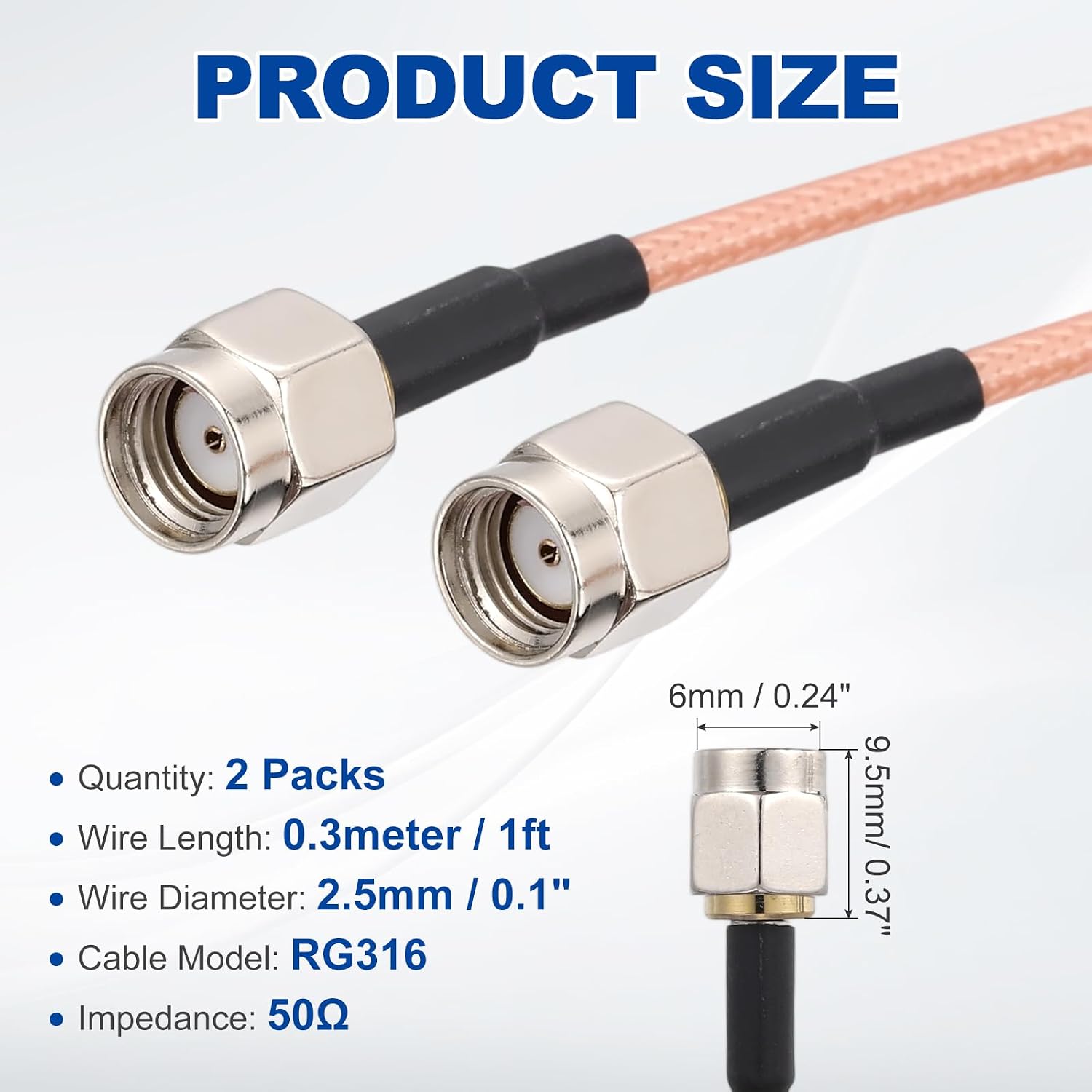 MECCANIXITY SMA Antenna Extension Cable, 1ft SMA Male Inner Hole to Male Inner Hole RG316 Low Loss Coaxial Cable Extender for 0-6G Network System WLAN Radio Antennas Jumper (2Pcs)