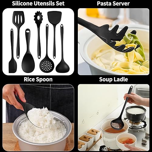 Miniatura 3 de Juego de utensilios de cocina de silicona, 7 utensilios de cocina con espátula y cuchara, juego de utensilios de cocina de silicona para utensilios