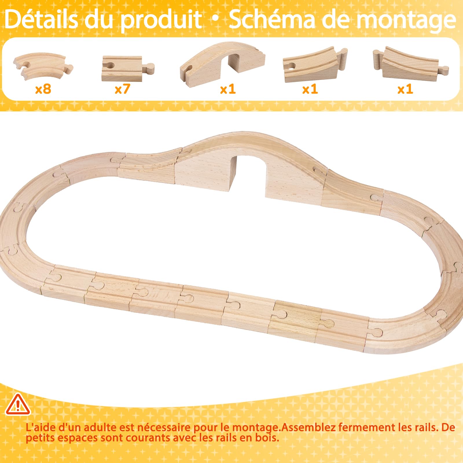 Kit de rails en bois, compatible avec tous les accessoires de chemin de fer en bois et rails en bois, robustes et durables, kit d'extension pour modélisme, jeu créatif pour enfants à partir de 3 ans