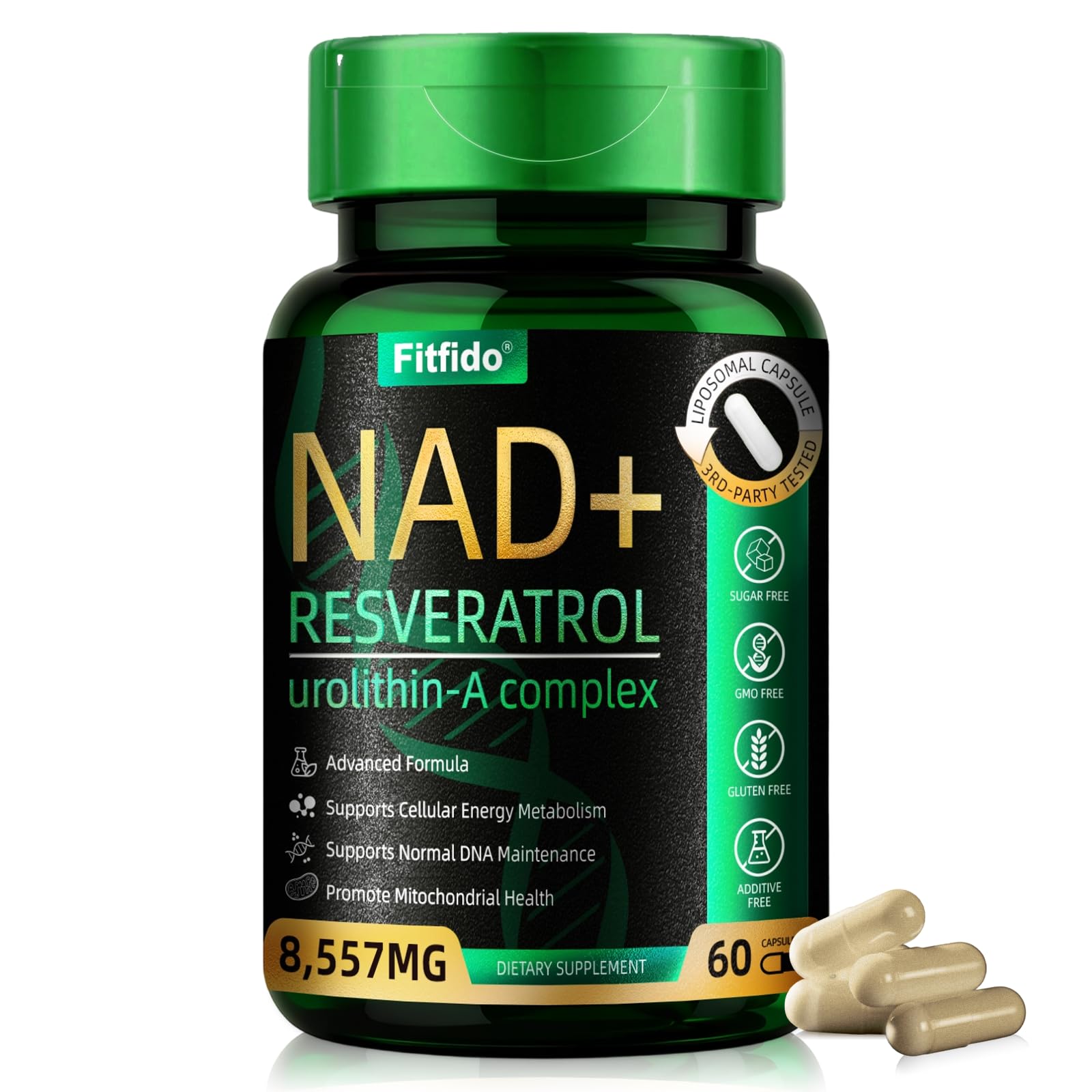 Liposomal NAD+ Resveratrol 400mg with Urolithin A, 60 Capsules Unflavored 60 Count (Pack of 1)