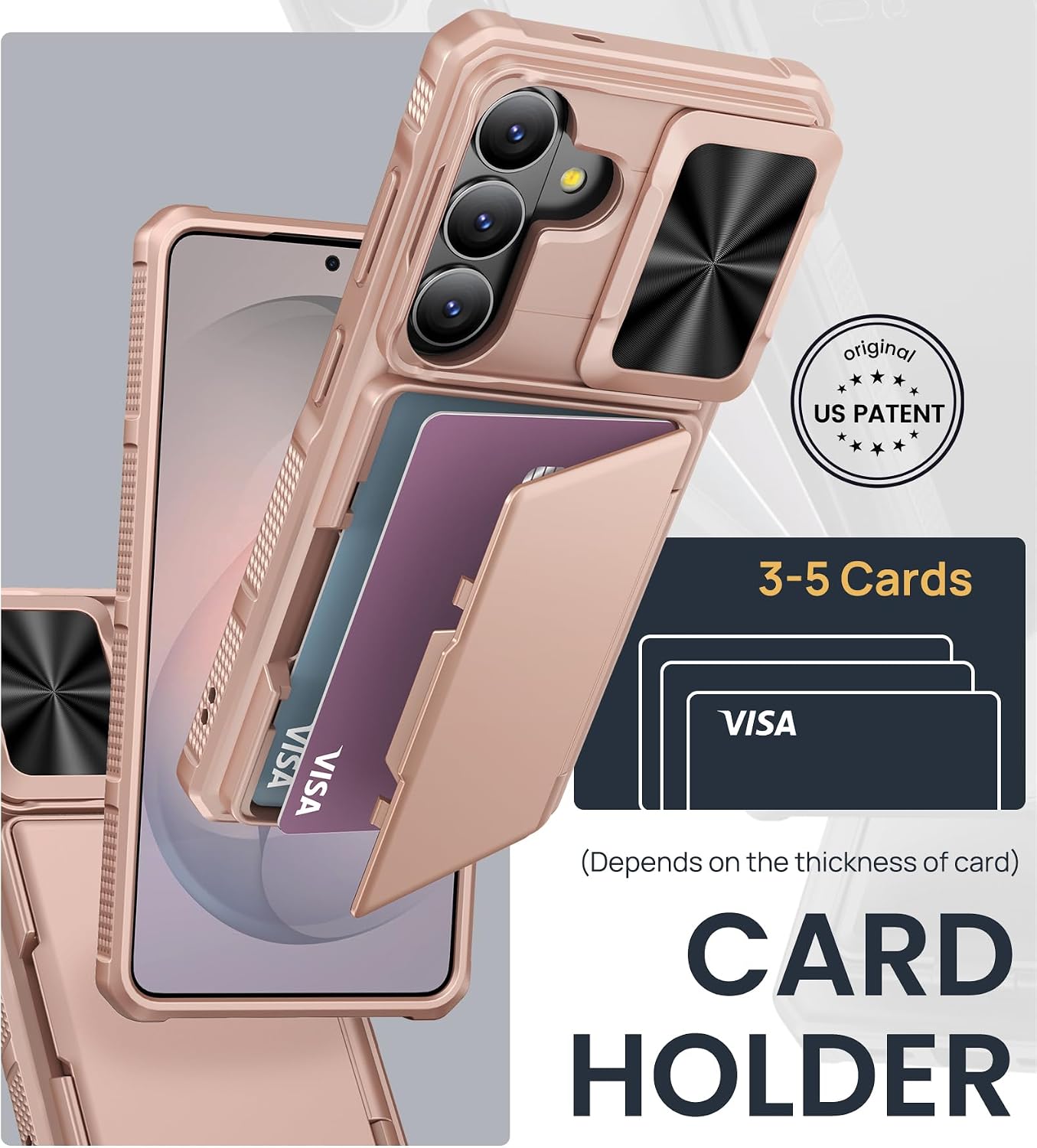SSLOTSCASE for Samsung Galaxy S26 Wallet Case with Stand, Sliding Camera Cover & Raised Edges Protection & Card Holder [RFID Blocking], Rugged Shockproof Phone Cover Case for Galaxy S26, Rose Gold