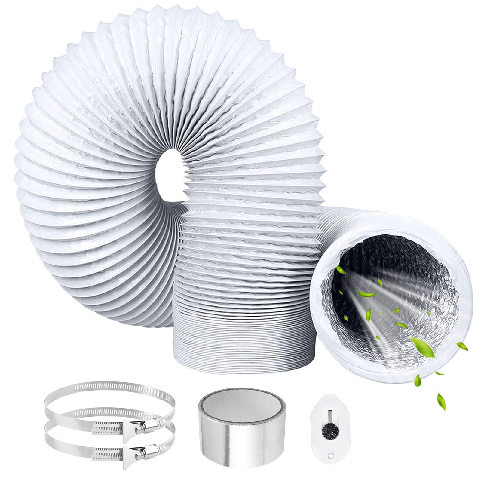 Tubo Flexible de Salida 100mm 3 m Blanco Manguera de Ventilación de Aluminio con 2 Abrazaderas Acero Flexible di Aluminio PVC Tubo Manguera Aire para Extractor de Aire Climatización Secadora