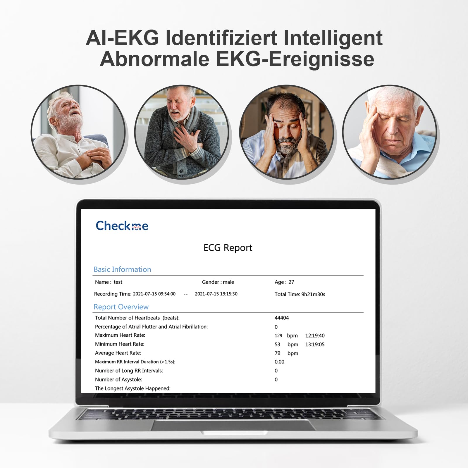 CheckMe ER1-LW 24 Stunden Langzeit EKG Gerät für Zuhause, AI-EKG Analyse EKG Monitor mit OLED-Bildschirm, EKG-Ereignismarker-Funktion, Kompatibel mit Allgemeine Elektrodenpads