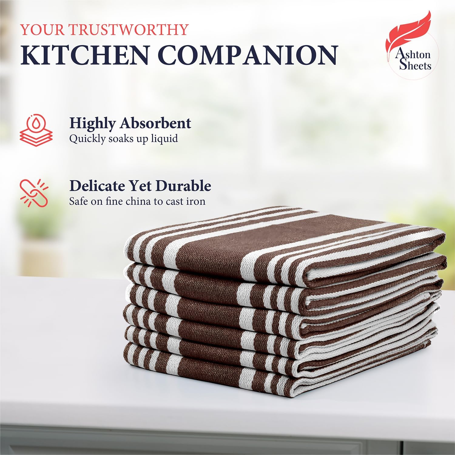 Ashton Sheets American Stripe Kitchen Towels 100% Cotton Pack of 6, Highly Absorbent Quick Drying, Soft Dish Towels 20x30 Inch for Kitchen with Hanging Loop, Hand & Tea Towel - Brown & White Striped - Image 3