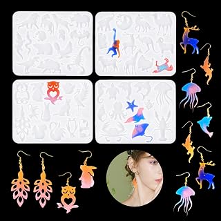4PCS Animal Earring Silicone Molds Jewelry Resin Mold with Hole Bear Owl Wild Animal Sea Animal Earring Epoxy Mold Jewelry Molds for DIY Earring Pendant Keychain Jewelry Making (Earring Mold)