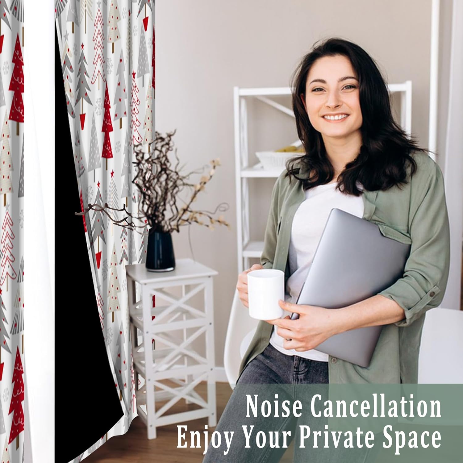 Renaiss Blackout Curtains for Bedroom Red Gray Xmas Tree Winter Snowflake Window Curtain New Year Christmas Holiday Printed Art Thermal Insulated Drapes for Living Room 2 Panels Set, 53x84 Inch