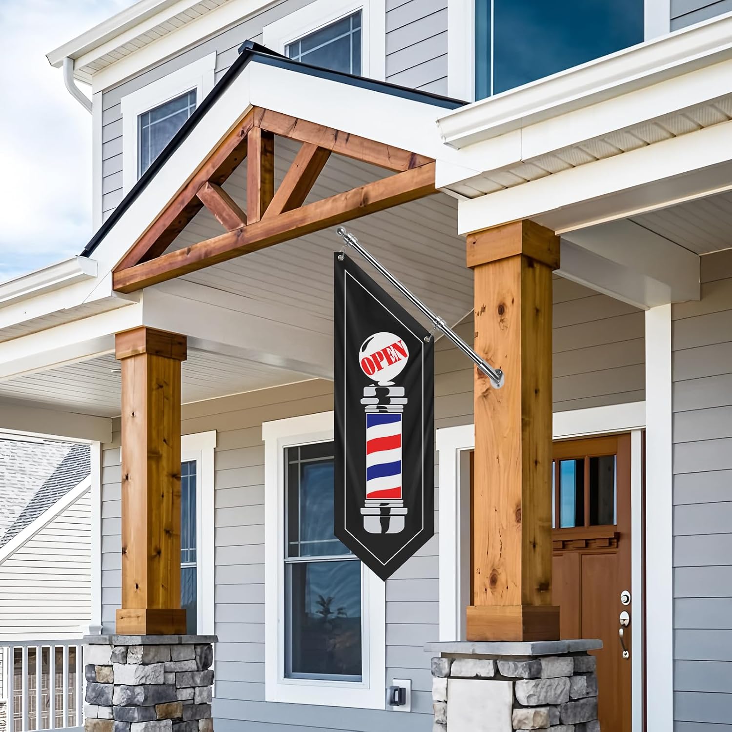 Barbershop Flag, Double-Sided Open Flag with Pole Kit & Wall Mount, Outdoor 3-Ply Thick Polyester Barber Sign for Haircut Business, 12"x42" (Black-W, 27")