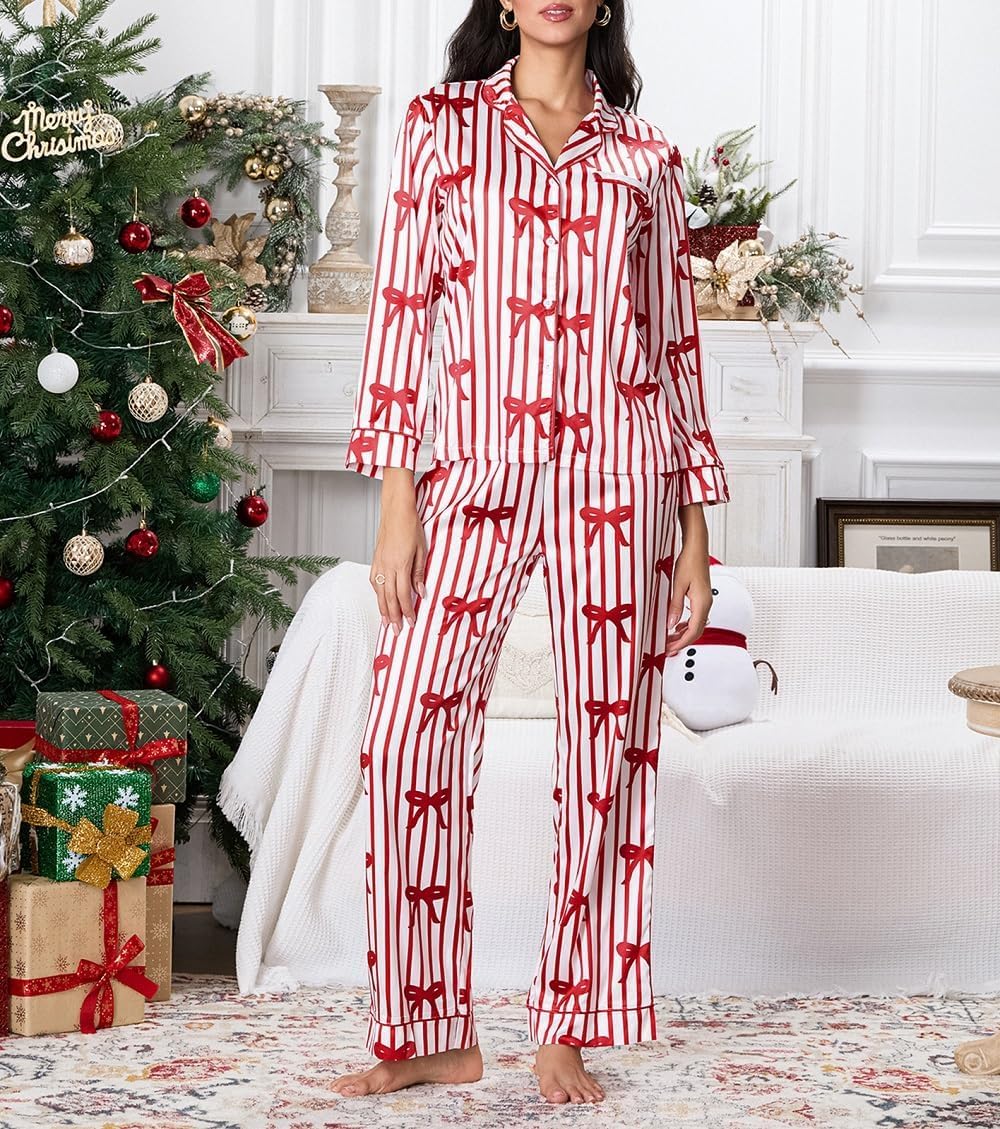 Argeousgor Women Cute Christmas Pajama Sets Satin Silk Pajamas Long Sleeve Shirt Wide Leg Pants 2 Piece Pjs - Image 2