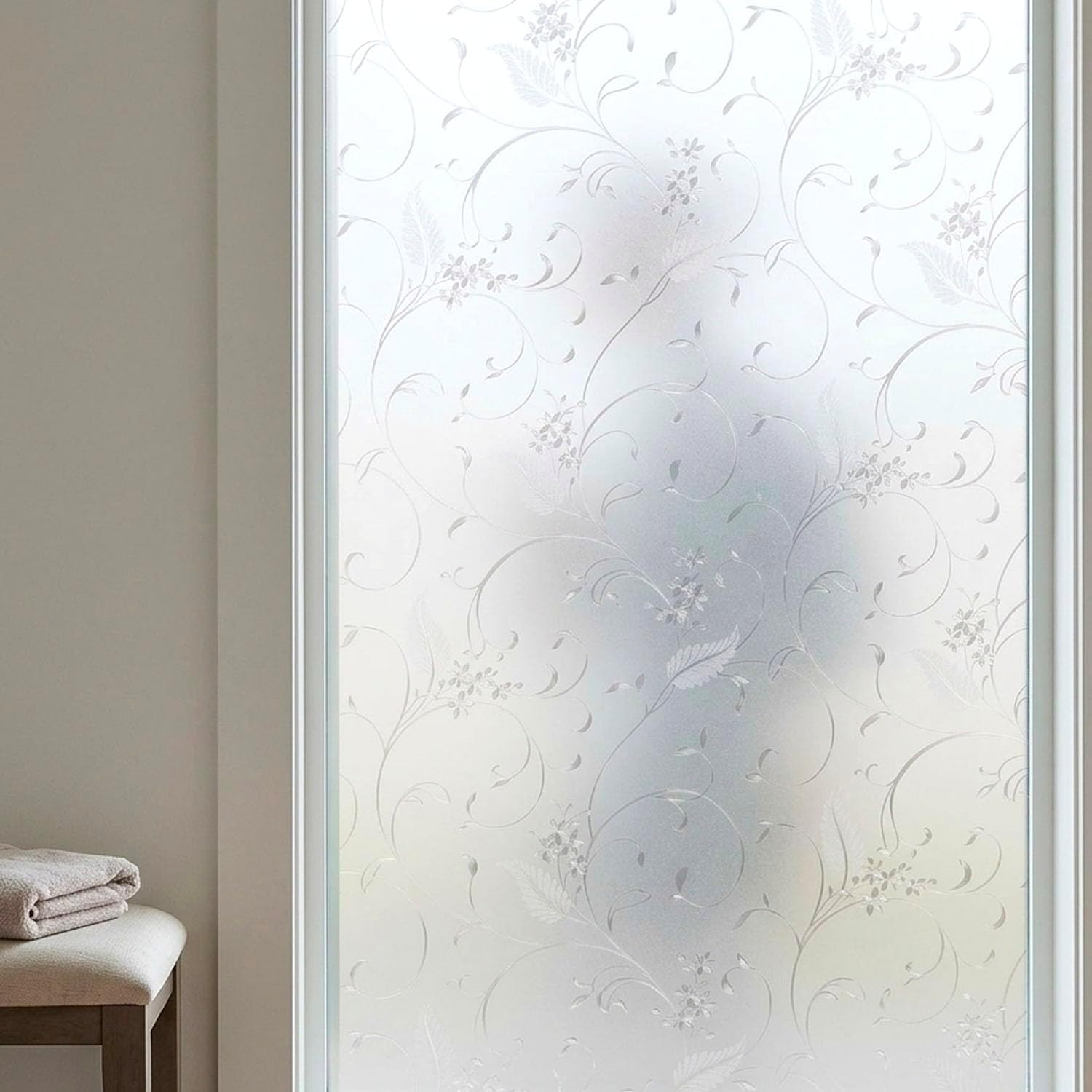 Mikomer Privacy Window Film Etched Flowers Static Cling Glass Door Film, Non Adhesive Heat Control Anti UV Window Cling for Office and Home Decoration,17.5 inches by 78.7 inches