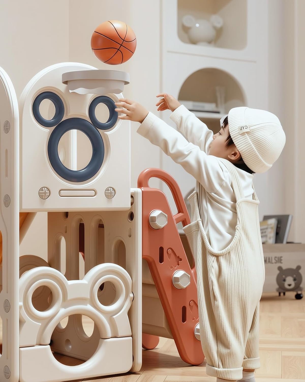 Toddler Slide L-Shaped, 5 in 1 Kids Slide Climber for Toddler, with Ball & Hoop, Indoor Outdoor Baby Playset, Anti-Slip, 65IN/165CM,Toy Storage, Ideal for Boys Girls Birthday