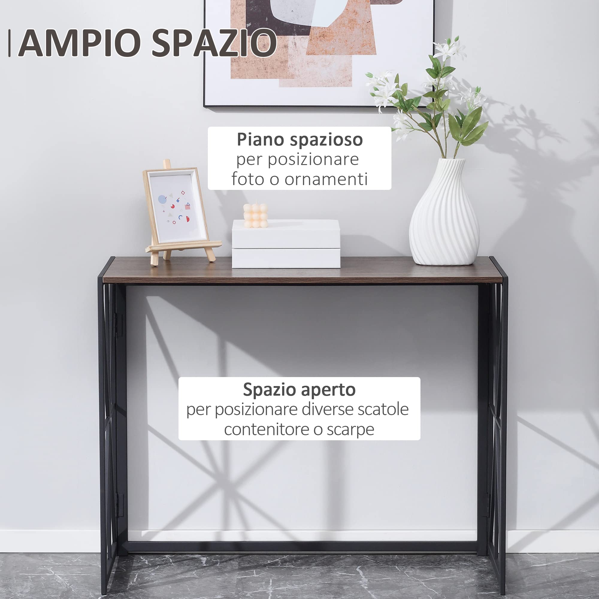 HOMCOM Tavolo Consolle da Ingresso in Stile Industriale, Tavolino Pieghevole Salvaspazio in Legno e Metallo, 100x38x80cm, Marrone