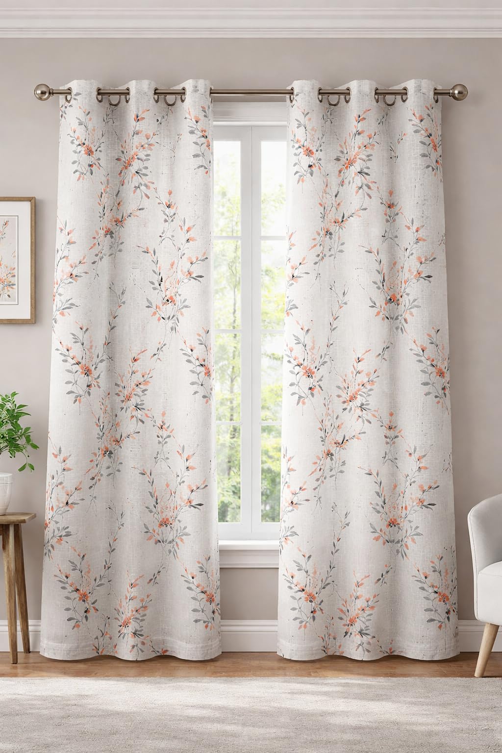 THE LINEN COMPANY Cotton Sheer Printed Curtain for Window Bedroom and Living Roonm Home dcor Set of 2 (05 Feet,Coral Leaf)