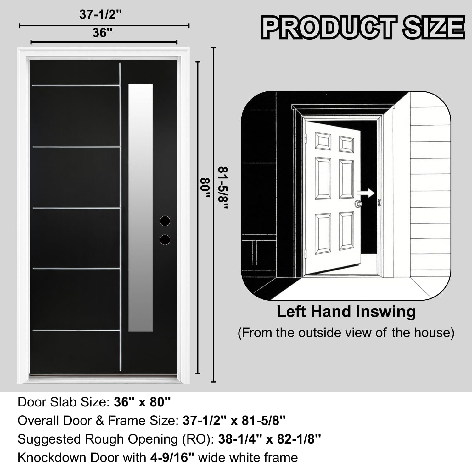 36'' x 80" Fiberglass Entry Door with 4-9/16" Width White Frame, Black Exterior Door with Frosted Glass, Modern Front Door with Brickmould, Left Hand Inswing