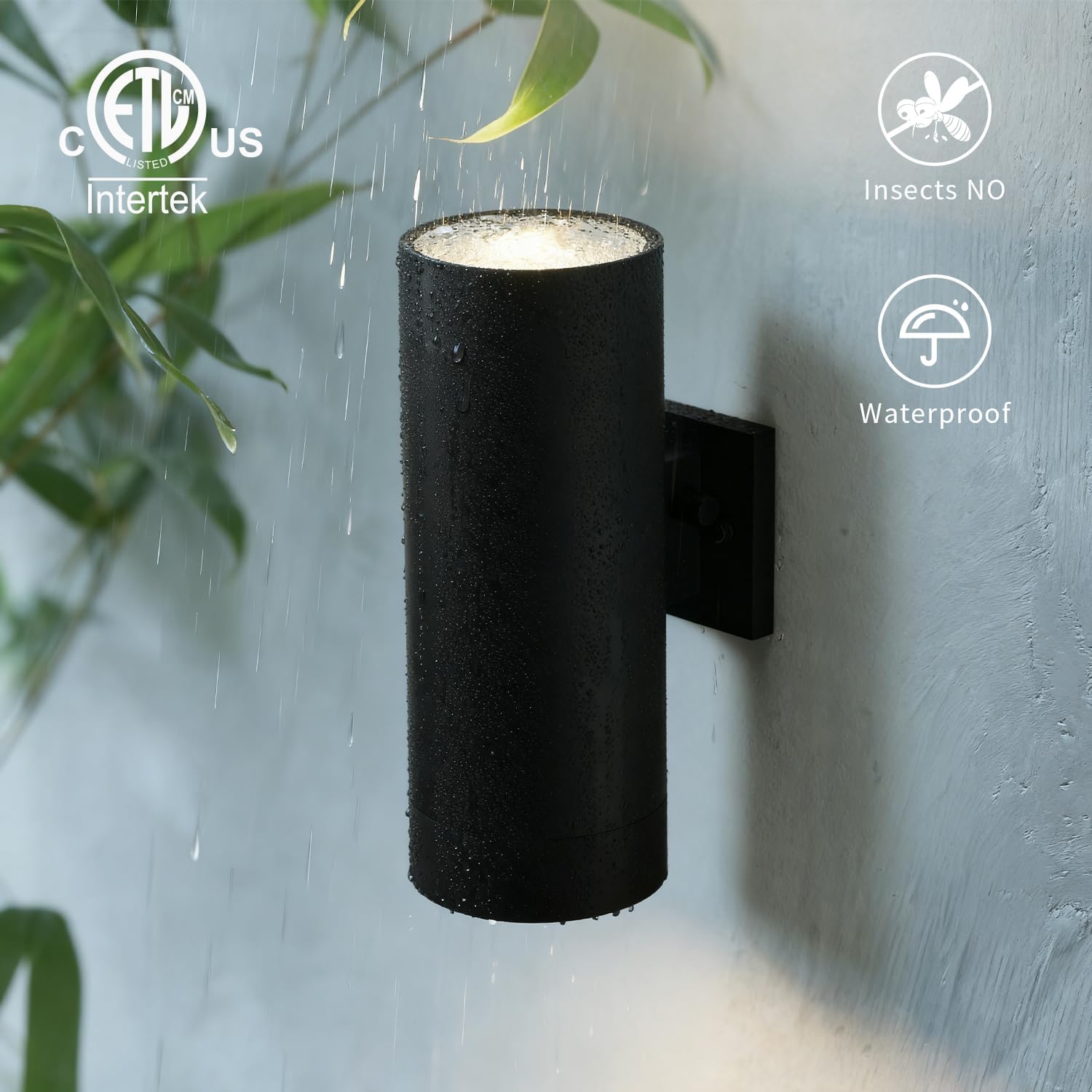 mirrea 14" Modern Outdoor Porch Light Patio Light in 2 Lights Dusk to Dawn Photocell Sensor with Matte Black Aluminum Cylinder and Tempered Glass Cover Waterproof Wall Sconce 2 Pack