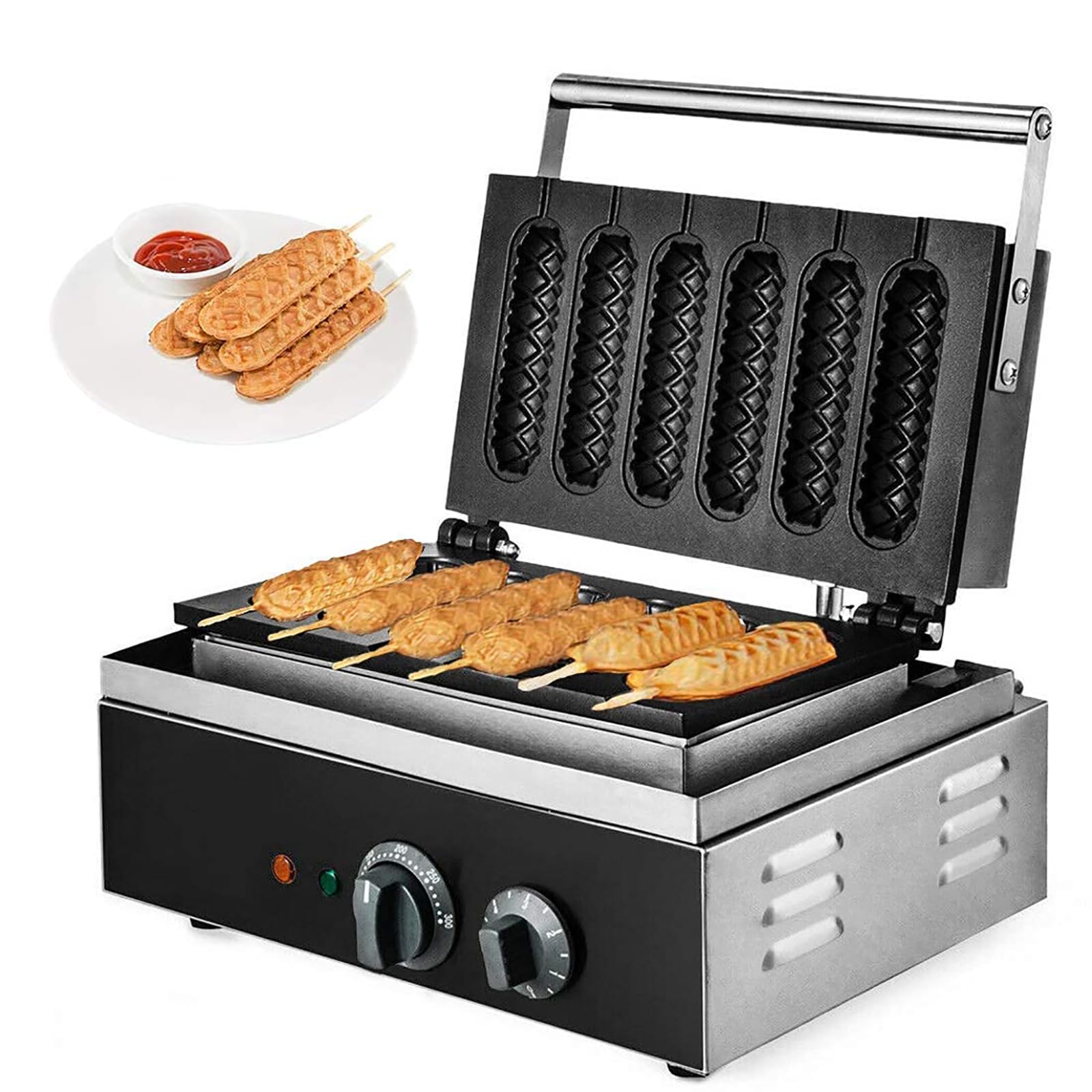 FfiMe Commercial Waffle Stick Maker, 6Pcs 1500W Waffle Baker Machine, 50-300℃ Temp Control, Stainless Steel French Muffin Cooker with Timer, for Restaurant Bakery Snack Bar Family
