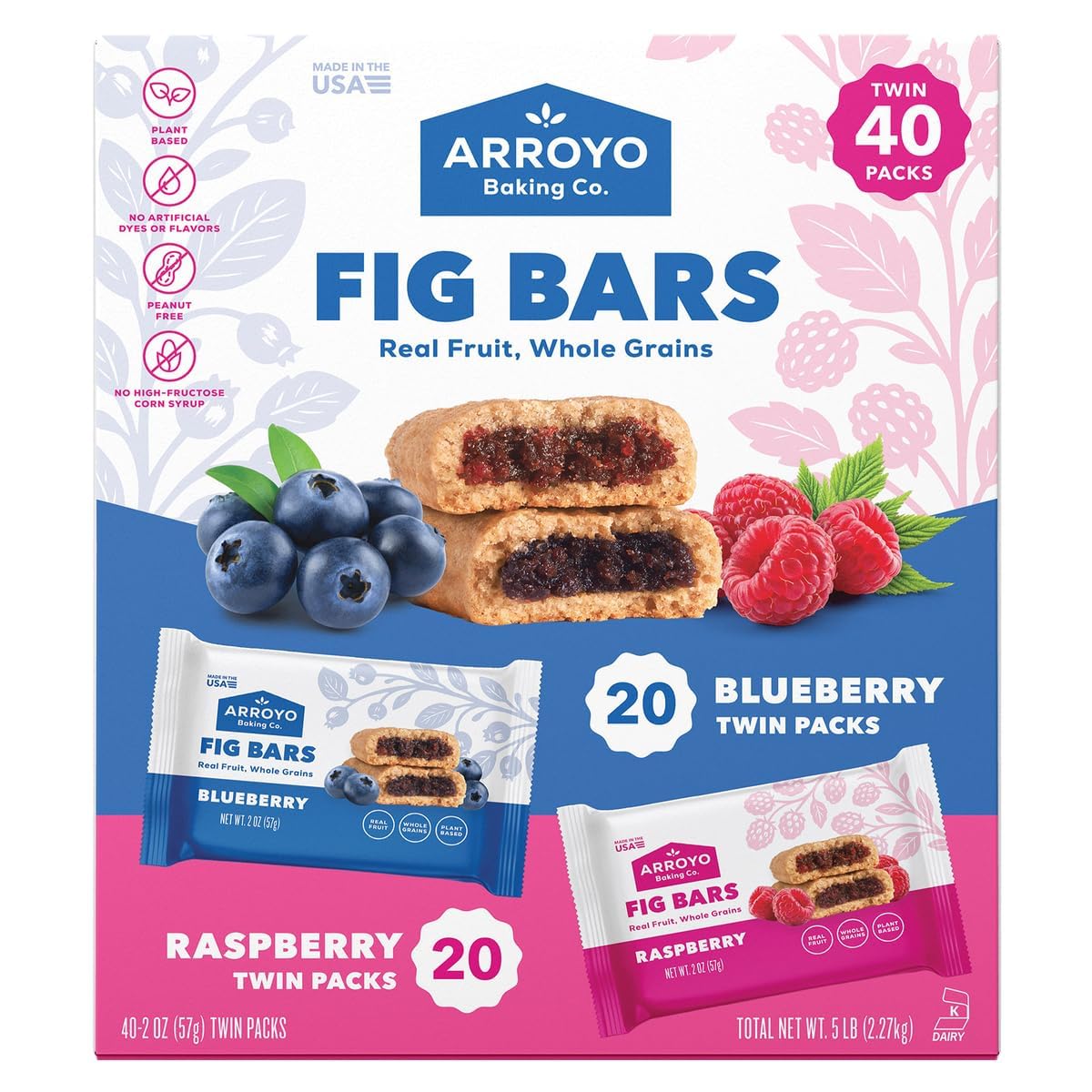 Fig Bars Variety Pack, Blueberry & Raspberry Twin Packs 80 oz (5 lb), Real Fruit Whole Grain Snack Baked Bars, Plant-Based, Peanut Free, 40 Count by Elesbão 22