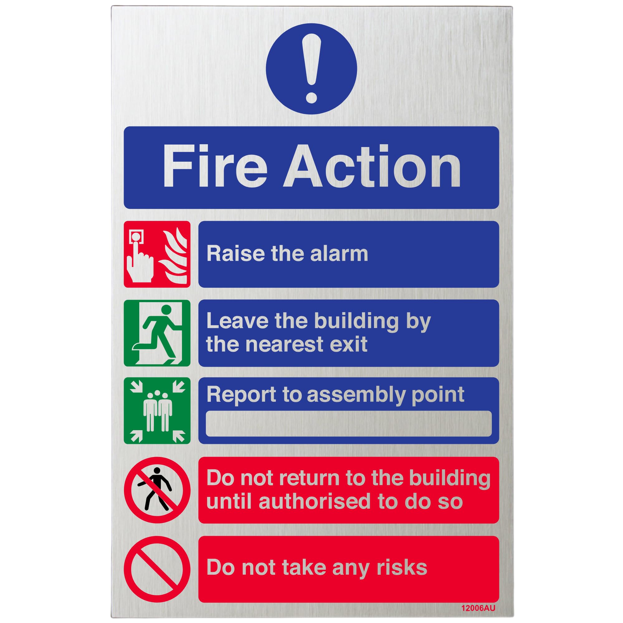 Vsafety Silver, Blue, Red, Green V Safety General Fire Action 5 Message Risks Sign - 200Mm X 300Mm - 3Mm Brushed Alu Comp