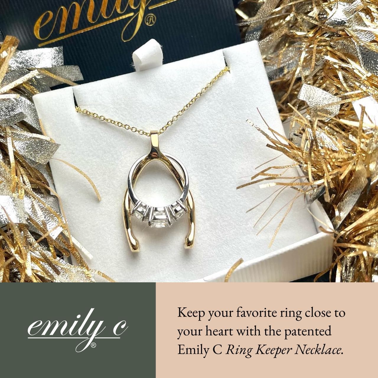 Emily C Ring Holder Necklace - Stainless Steel Necklace with Gold Finish - Engagement Gift for Doctors & Nurses - Gold Jewelry for Mom or Grandmother