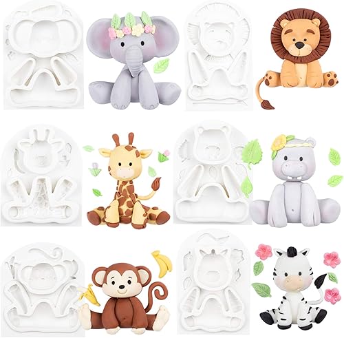 FUNSHOWCASE Moldes de silicona para decoración de tartas de animales de la selva, 6 unidades, altura de 2.6 a 3.6 pulgadas