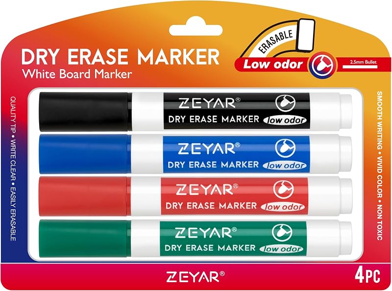 ZEYAR Low Odor Dry Erase Marker, Bullet Tip White Board Marker, 4 Count (Black,Blue,Red,Green)