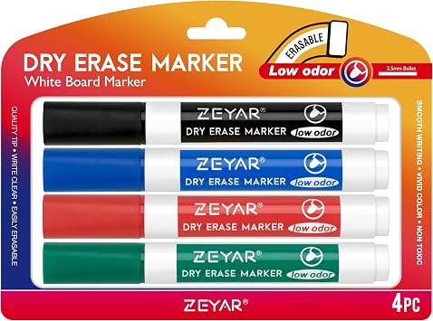 ZEYAR Low Odor Dry Erase Marker, Bullet Tip White Board Marker, 4 Count Black,Blue,Red,Green