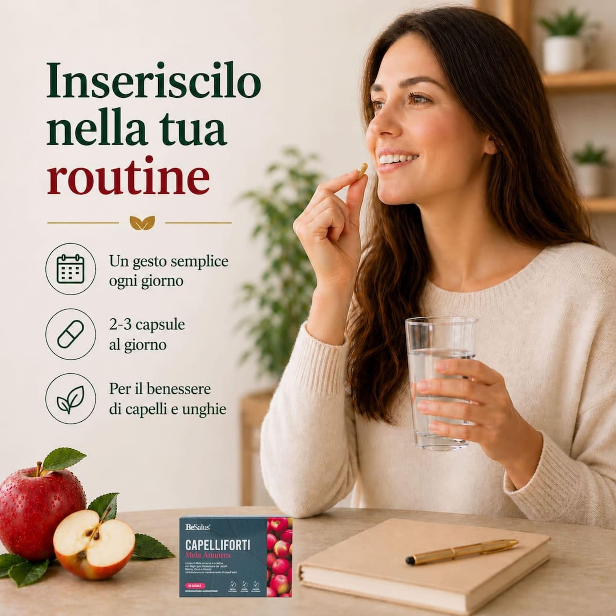 Mela Annurca 60 capsule x 2 – 120 capsule totali – Integratore capelli e unghie – Con Miglio, Biotina, Zinco e attivi selezionati – Supporto al Rinforzo