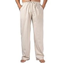 Lisskolo Mens Casual Cotton Linen Pants Drawstring Elastic Lightweight | Loose Straight Leg, 4 Pockets Zipper Fly, Beach Yoga Fishing Hiking Travel Camping, Slim Fit, Solid Color, Zipper Closure