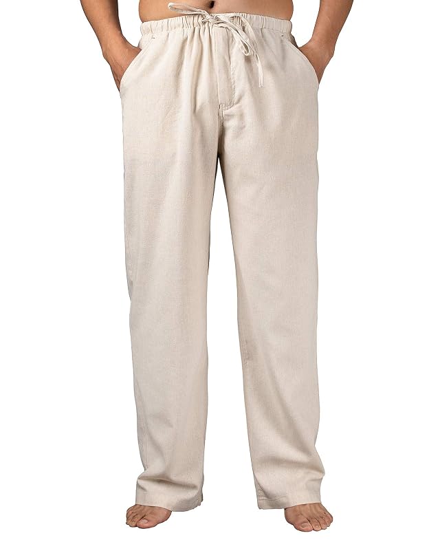 Mens Drawstring Loose Linen Beach Pants Lightweight Elastic Waist Yoga Lounge Cotton Trousers Pajamas