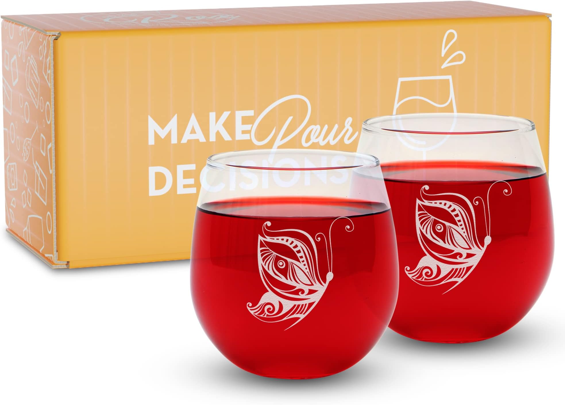 2 Engraved Stemless Wine Glasses-16.75 Ounce Capacity-Butterfly Design- 2 Piece Set- 16.75 Ounce Capacity- Multi-Perfect Gift for any Occasion- USA Made By: On The Rox (Butterfly-Engraved)