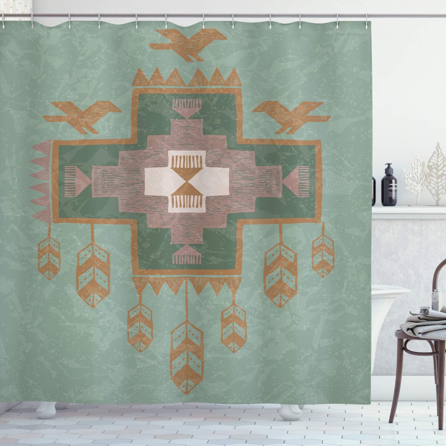 Ambesonne Tribal Shower Curtain, Hand Drawn Dreamcathcher Folkloric Birds Image Ethnic Ikat Design, Cloth Fabric Bathroom Decor Set with Hooks, 69" W x 70" L, Blue Grey Pale Rust