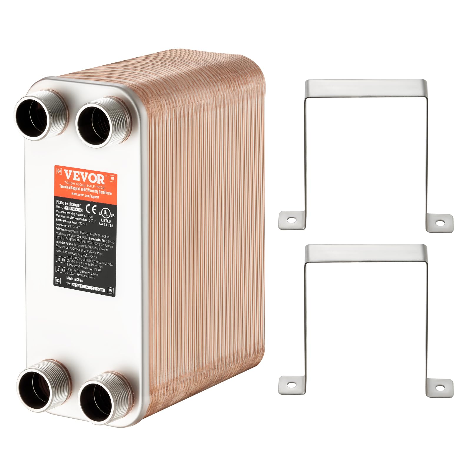 VEVOR Lutowany wymiennik ciepła płytowy 127x305 mm 80 płyt miedziany/stal nierdzewna 316L do ogrzewania podłogowego, ogrzewania wody, topniejący śnieg, chłodzenie piwa