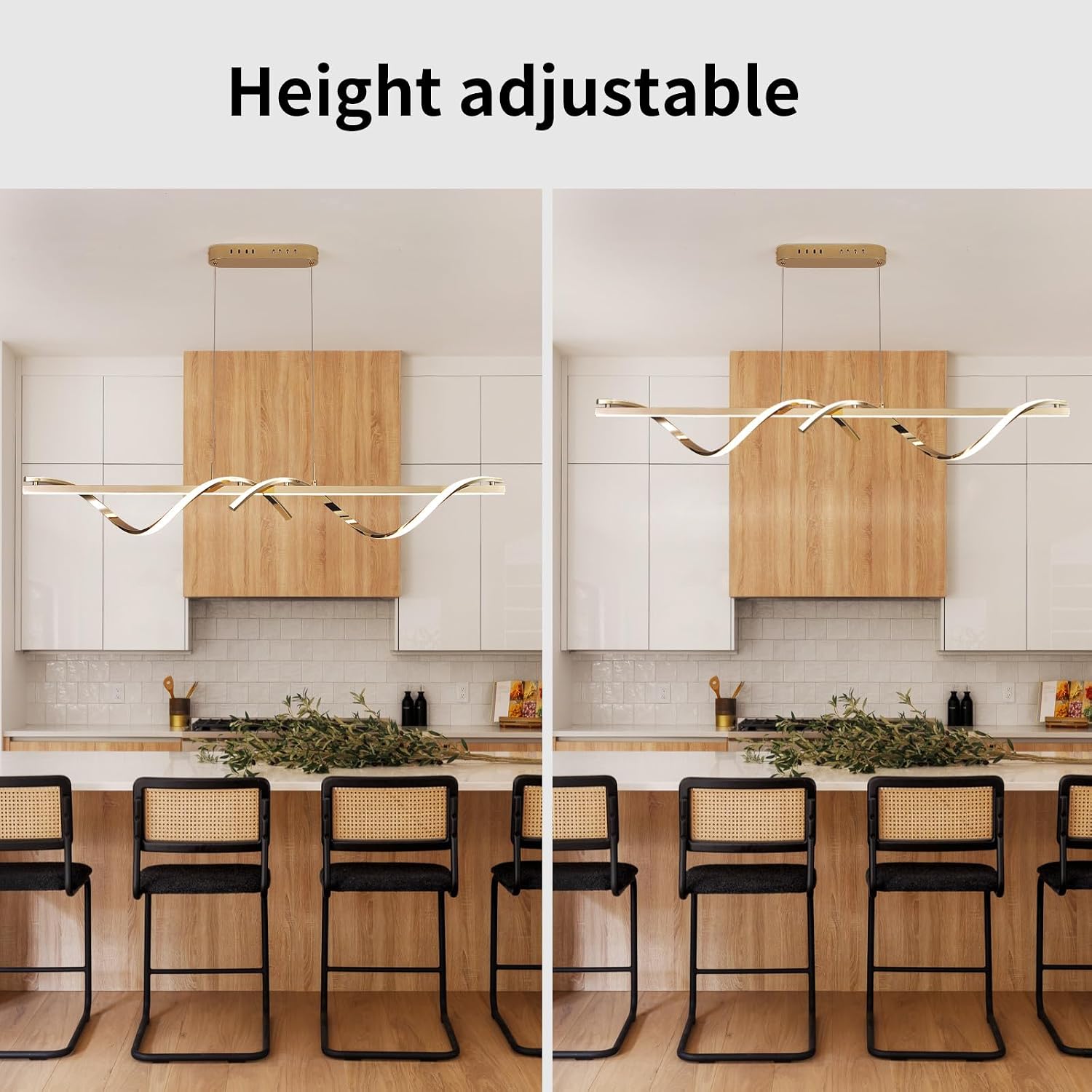 52 Inch Kitchen Island Light, Dimmable Linear Pendant Ceiling Fixture, Gold LED Chandelier with Remote Control, Adjustable Height Modern Hanging Lamp for Dining Room