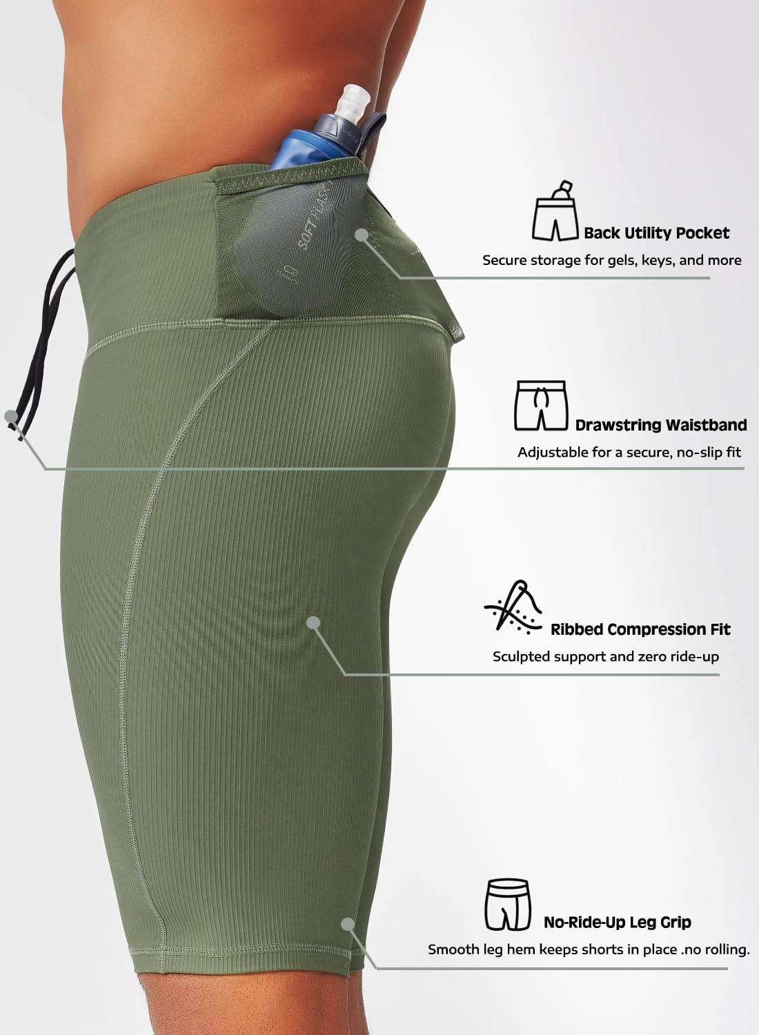 MIZOK Mens Running Half Tight Compression Short Gym Workout Bike Shorts with Built-in Phone Pockets Army Green XL - Image 4