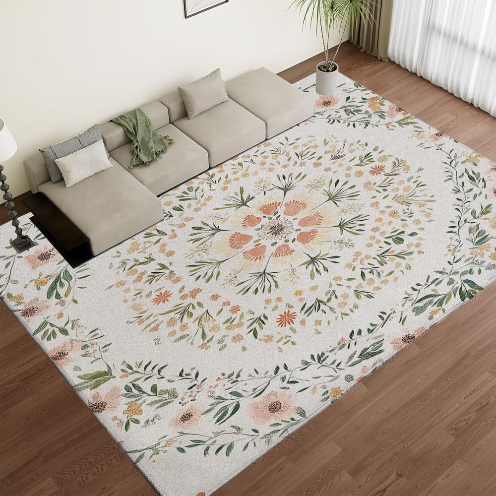 Tapis de salon vintage beige 160x230 cm chic et bohème motif floral