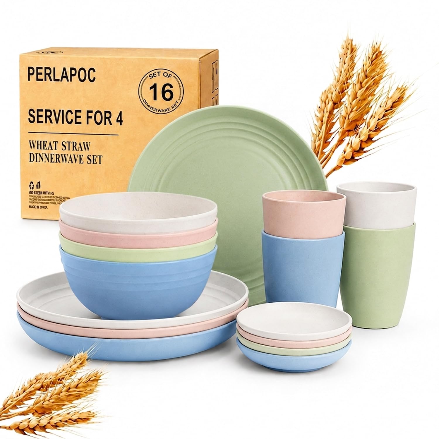Wheat Straw Dinnerware Sets for 4, 16 Piece Unbreakable Kids Dinnerware Set, Toddler Plates and Bowls Sets, Kitchen Plates and Bowls Set, Lightweight Dish Set for Travel Camper Dishes - Colorful